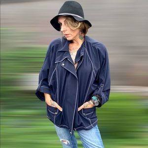 Navy blue & white chain stitch sailor style oversized crop sleeve summer jacket